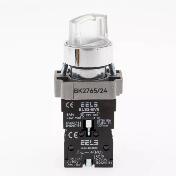 Selector 2 pozitii cu retinere maner iluminat led culoarea alba 24V DC  ELS2-BK2765 1xNO+1xNC, 3A/240V AC
