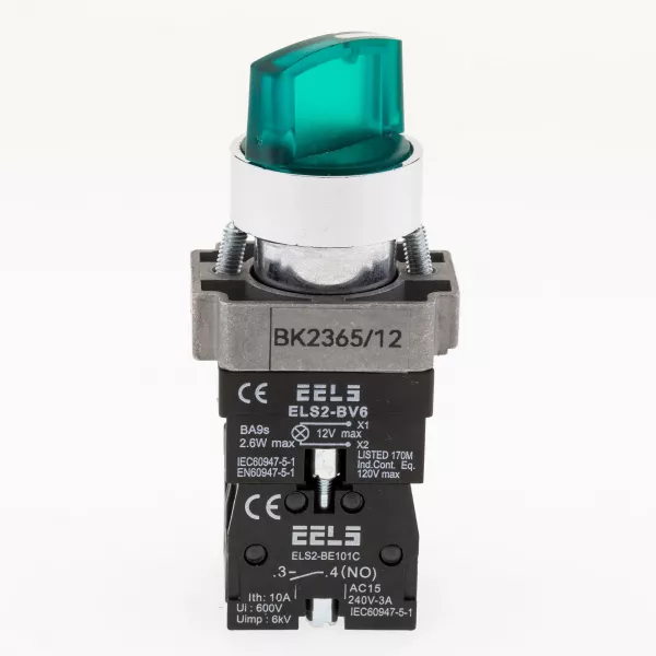Selector 2 pozitii cu retinere maner iluminat led culoarea verde 12V DC  ELS2-BK2365 1xNO+1xNC, 3A/240V AC