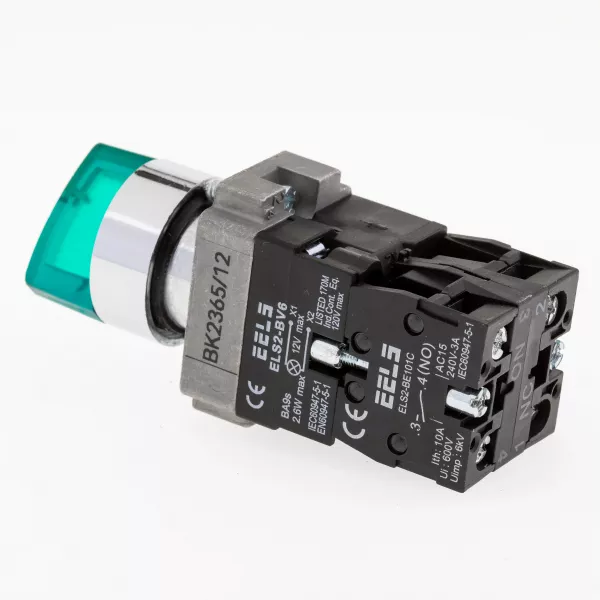Selector 2 pozitii cu retinere maner iluminat led culoarea verde 12V DC  ELS2-BK2365 1xNO+1xNC, 3A/240V AC