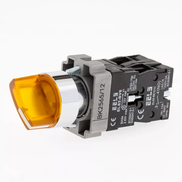 Selector 2 pozitii cu retinere maner iluminat led culoarea galbena 12V DC  ELS2-BK2565 1xNO+1xNC, 3A/240V AC