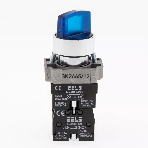 Selector 2 pozitii cu retinere maner iluminat led culoarea albastra 12V DC  ELS2-BK2665 1xNO+1xNC, 3A/240V AC