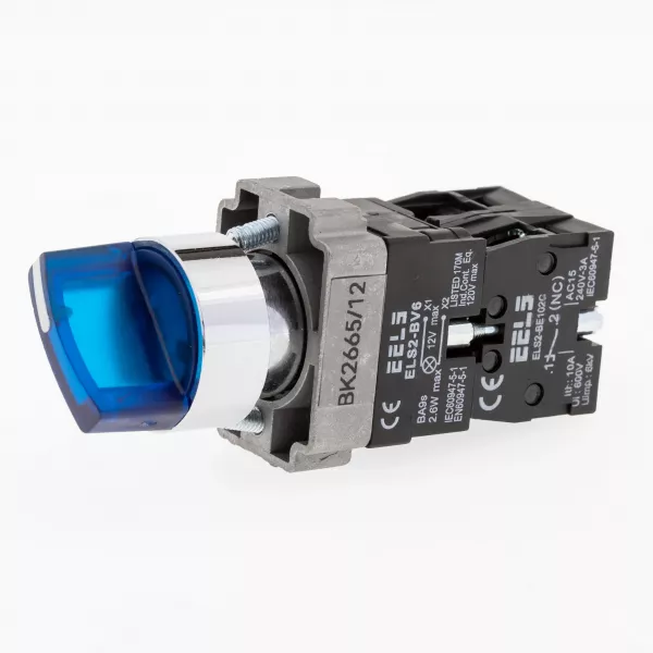Selector 2 pozitii cu retinere maner iluminat led culoarea albastra 12V DC  ELS2-BK2665 1xNO+1xNC, 3A/240V AC