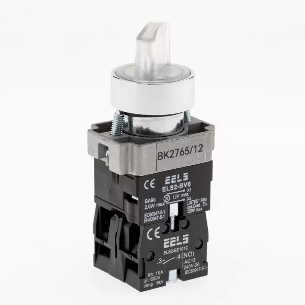 Selector 2 pozitii cu retinere maner iluminat led culoarea alba 12V DC  ELS2-BK2765 1xNO+1xNC, 3A/240V AC