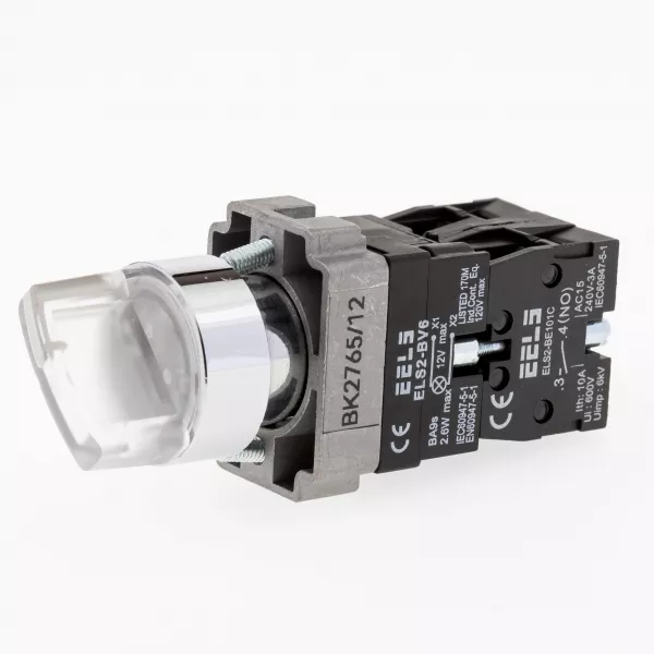 Selector 2 pozitii cu retinere maner iluminat led culoarea alba 12V DC  ELS2-BK2765 1xNO+1xNC, 3A/240V AC