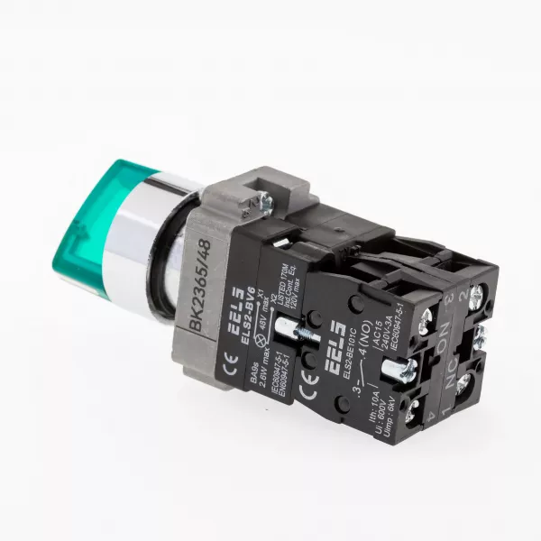 Selector 2 pozitii cu retinere maner iluminat led culoarea verde 48V DC  ELS2-BK2365 1xNO+1xNC, 3A/240V AC