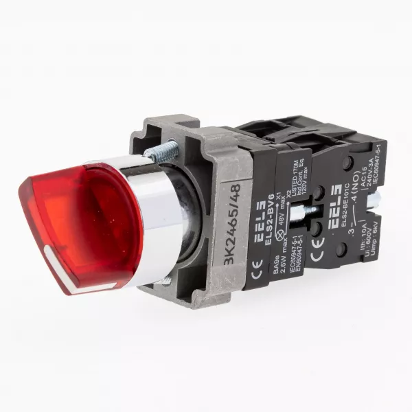 Selector 2 pozitii cu retinere maner iluminat led culoarea rosie 48V DC  ELS2-BK2465 1xNO+1xNC, 3A/240V AC