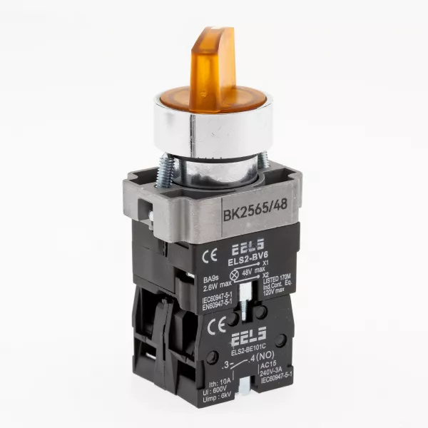 Selector 2 pozitii cu retinere maner iluminat led culoarea galbena 48V DC  ELS2-BK2565 1xNO+1xNC, 3A/240V AC