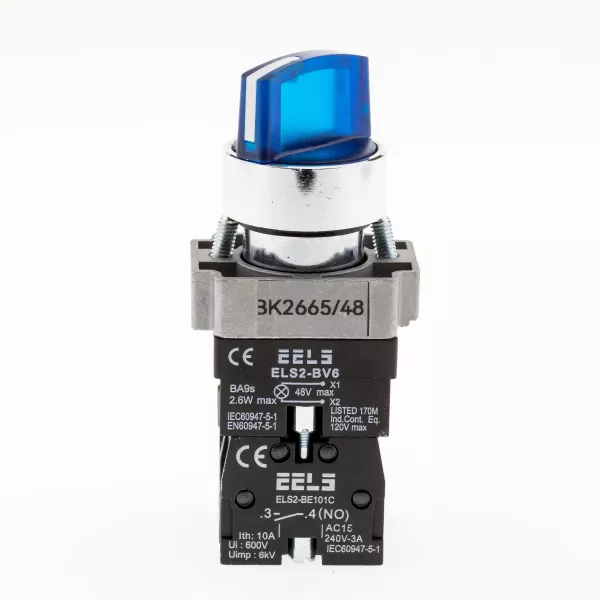 Selector 2 pozitii cu retinere maner iluminat led culoarea albastra 48V DC  ELS2-BK2665 1xNO+1xNC, 3A/240V AC