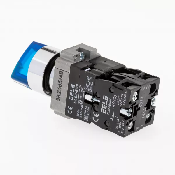 Selector 2 pozitii cu retinere maner iluminat led culoarea albastra 48V DC  ELS2-BK2665 1xNO+1xNC, 3A/240V AC