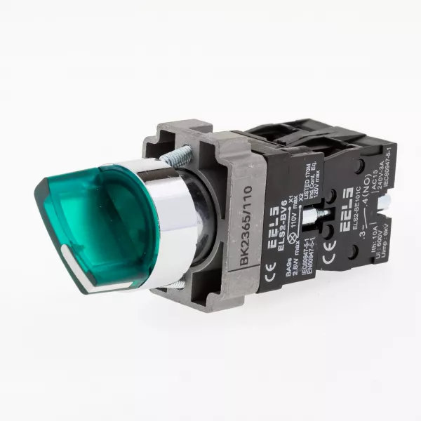 Selector 2 pozitii cu retinere maner iluminat led culoarea verde 110V AC  ELS2-BK2365 1xNO+1xNC, 3A/240V AC
