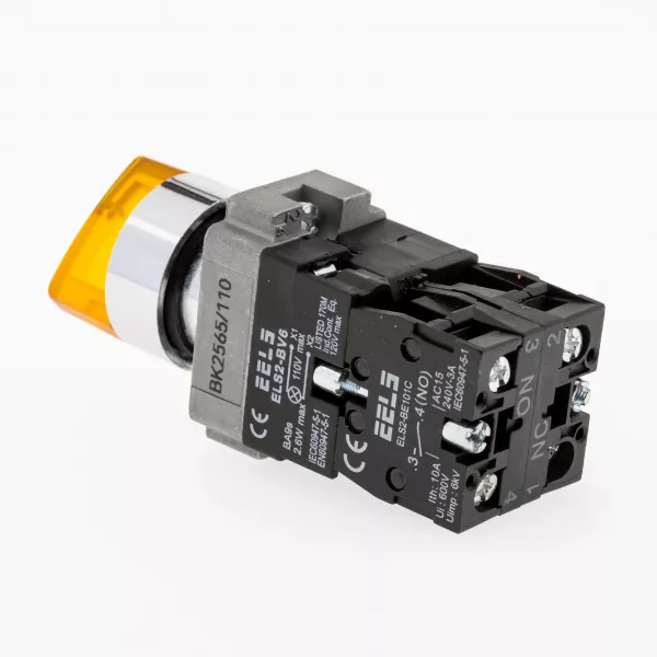 Selector 2 pozitii cu retinere maner iluminat led culoarea galbena 110V AC  ELS2-BK2565 1xNO+1xNC, 3A/240V AC