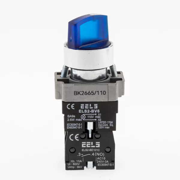 Selector 2 pozitii cu retinere maner iluminat led culoarea albastra 110V AC  ELS2-BK2665 1xNO+1xNC, 3A/240V AC