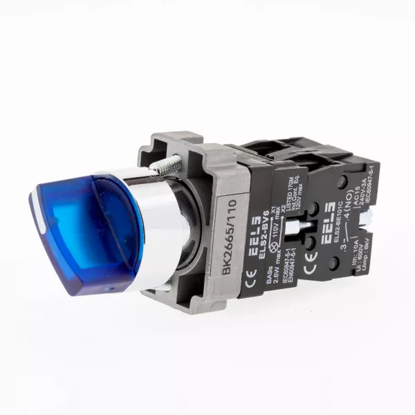 Selector 2 pozitii cu retinere maner iluminat led culoarea albastra 110V AC  ELS2-BK2665 1xNO+1xNC, 3A/240V AC