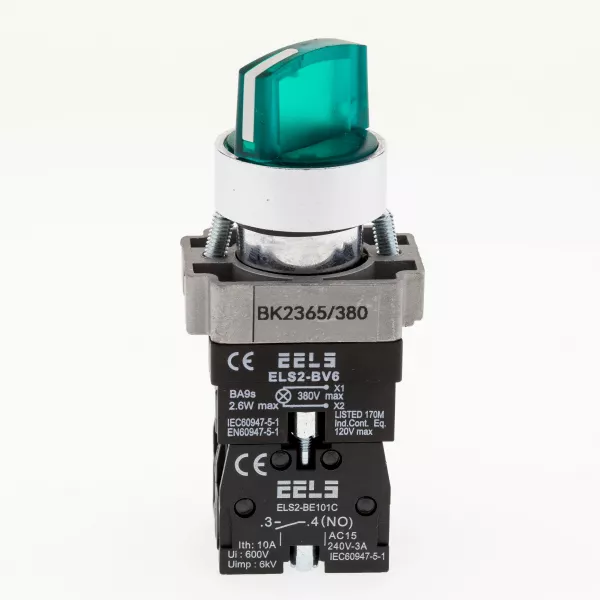 Selector 2 pozitii cu retinere maner iluminat led culoarea verde 380V AC  ELS2-BK2365 1xNO+1xNC, 3A/240V AC
