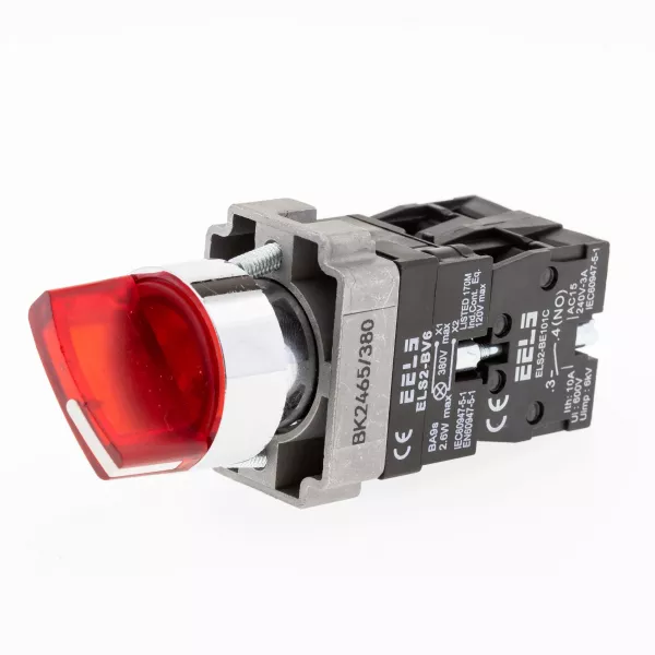 Selector 2 pozitii cu retinere maner iluminat led culoarea rosie 380V AC  ELS2-BK2465 1xNO+1xNC, 3A/240V AC