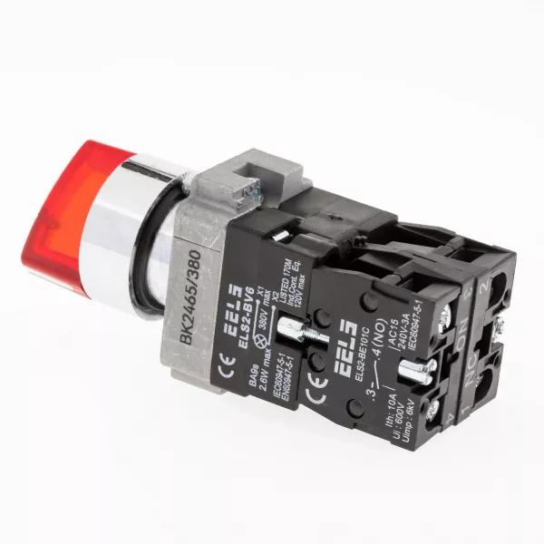 Selector 2 pozitii cu retinere maner iluminat led culoarea rosie 380V AC  ELS2-BK2465 1xNO+1xNC, 3A/240V AC