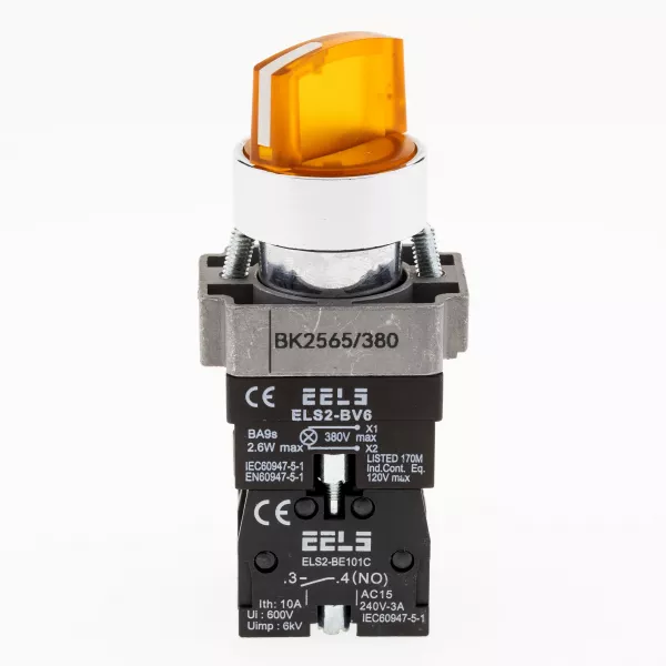 Selector 2 pozitii cu retinere maner iluminat led culoarea galbena 380V AC  ELS2-BK2565 1xNO+1xNC, 3A/240V AC