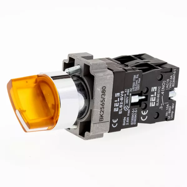 Selector 2 pozitii cu retinere maner iluminat led culoarea galbena 380V AC  ELS2-BK2565 1xNO+1xNC, 3A/240V AC