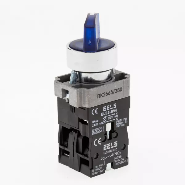 Selector 2 pozitii cu retinere maner iluminat led culoarea albastra 380V AC  ELS2-BK2665 1xNO+1xNC, 3A/240V AC