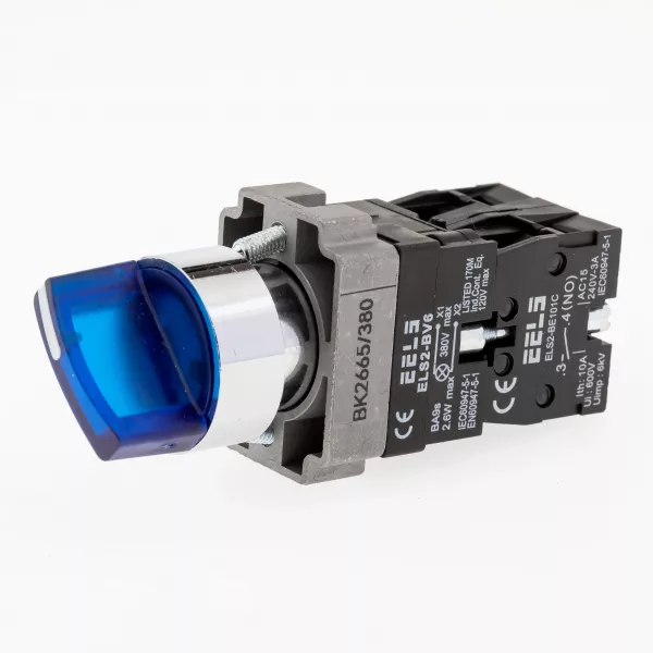 Selector 2 pozitii cu retinere maner iluminat led culoarea albastra 380V AC  ELS2-BK2665 1xNO+1xNC, 3A/240V AC