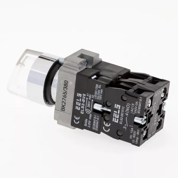Selector 2 pozitii cu retinere maner iluminat led culoarea alba 380V AC  ELS2-BK2765 1xNO+1xNC, 3A/240V AC