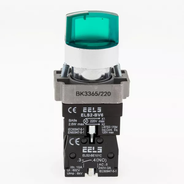 Selector 3 pozitii cu retinere maner iluminat led culoarea verde 220V AC  ELS2-BK3365 1xNO+1xNC, 3A/240V AC