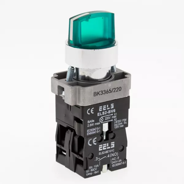 Selector 3 pozitii cu retinere maner iluminat led culoarea verde 220V AC  ELS2-BK3365 1xNO+1xNC, 3A/240V AC