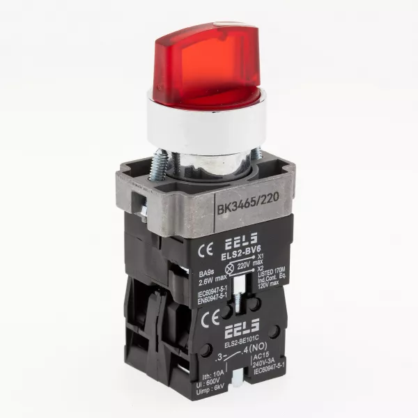 Selector 3 pozitii cu retinere maner iluminat led culoarea rosie 220V AC  ELS2-BK3465 1xNO+1xNC, 3A/240V AC
