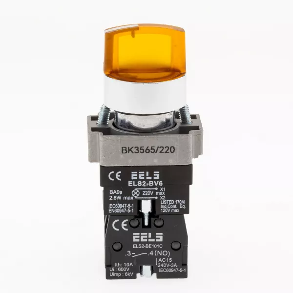 Selector 3 pozitii cu retinere maner iluminat led culoarea galbena 220V AC  ELS2-BK3565 1xNO+1xNC, 3A/240V AC