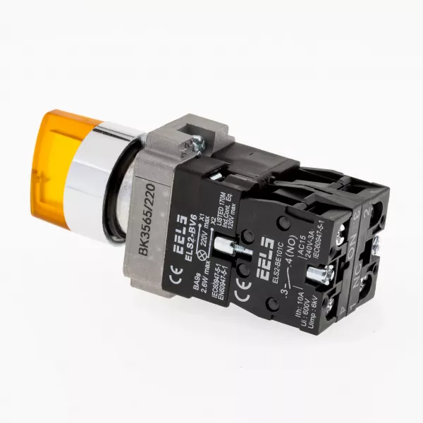 Selector 3 pozitii cu retinere maner iluminat led culoarea galbena 220V AC  ELS2-BK3565 1xNO+1xNC, 3A/240V AC