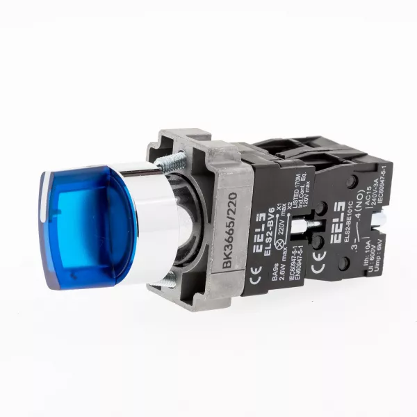 Selector 3 pozitii cu retinere maner iluminat led culoarea albastra 220V AC  ELS2-BK3665 1xNO+1xNC, 3A/240V AC