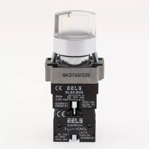 Selector 3 pozitii cu retinere maner iluminat led culoarea alba 220V AC  ELS2-BK3765 1xNO+1xNC, 3A/240V AC