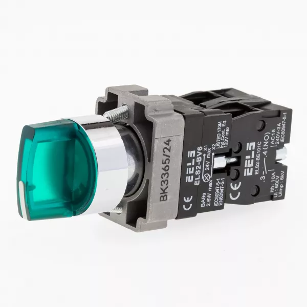 Selector 3 pozitii cu retinere maner iluminat led culoarea verde 24V DC  ELS2-BK3365 1xNO+1xNC, 3A/240V AC