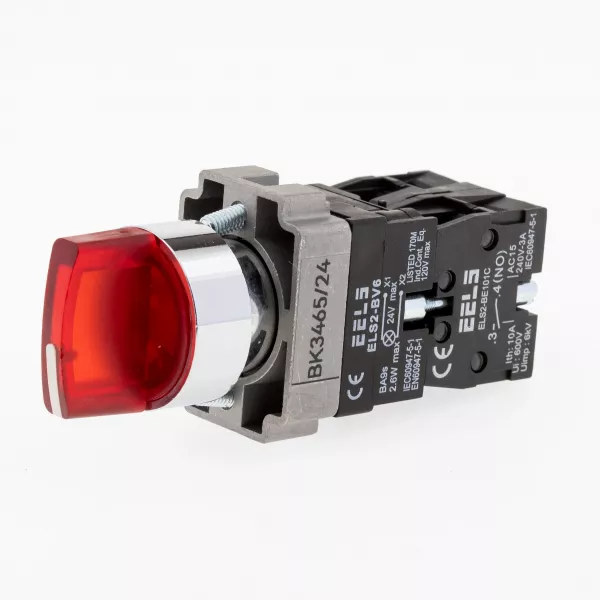 Selector 3 pozitii cu retinere maner iluminat led culoarea rosie 24V DC  ELS2-BK3465 1xNO+1xNC, 3A/240V AC