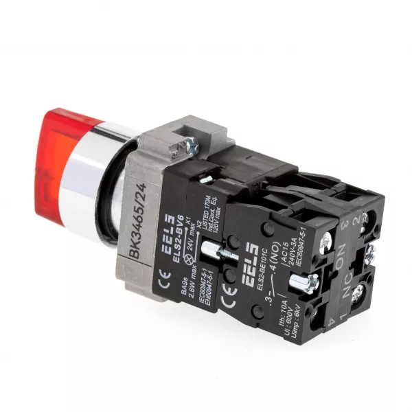 Selector 3 pozitii cu retinere maner iluminat led culoarea rosie 24V DC  ELS2-BK3465 1xNO+1xNC, 3A/240V AC