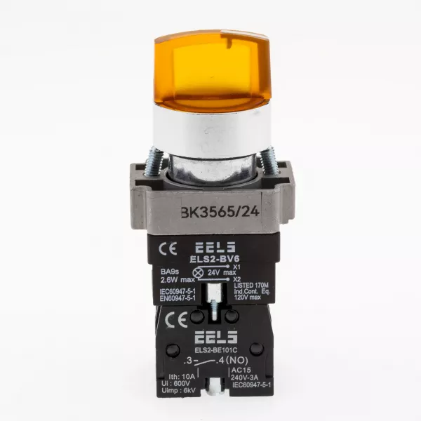 Selector 3 pozitii cu retinere maner iluminat led culoarea galbena 24V DC  ELS2-BK3565 1xNO+1xNC, 3A/240V AC