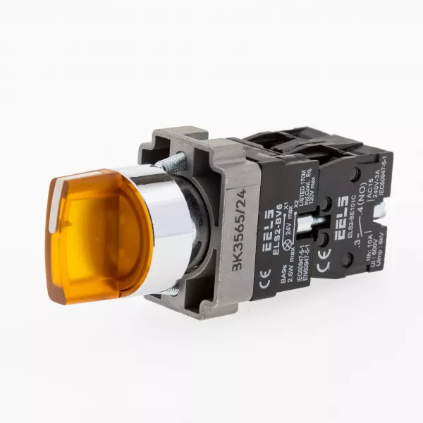 Selector 3 pozitii cu retinere maner iluminat led culoarea galbena 24V DC  ELS2-BK3565 1xNO+1xNC, 3A/240V AC