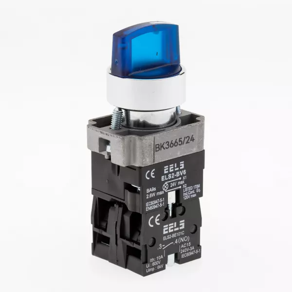 Selector 3 pozitii cu retinere maner iluminat led culoarea albastra 24V DC  ELS2-BK3665 1xNO+1xNC, 3A/240V AC