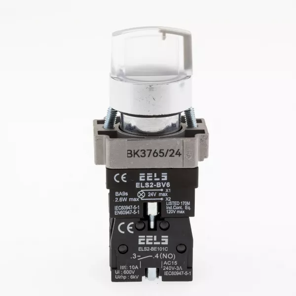 Selector 3 pozitii cu retinere maner iluminat led culoarea alba 24V DC  ELS2-BK3765 1xNO+1xNC, 3A/240V AC