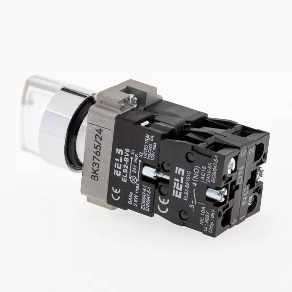 Selector 3 pozitii cu retinere maner iluminat led culoarea alba 24V DC  ELS2-BK3765 1xNO+1xNC, 3A/240V AC