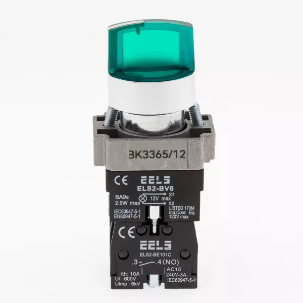 Selector 3 pozitii cu retinere maner iluminat led culoarea verde 12V DC  ELS2-BK3365 1xNO+1xNC, 3A/240V AC
