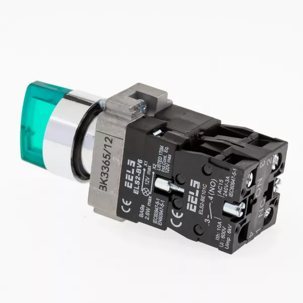Selector 3 pozitii cu retinere maner iluminat led culoarea verde 12V DC  ELS2-BK3365 1xNO+1xNC, 3A/240V AC