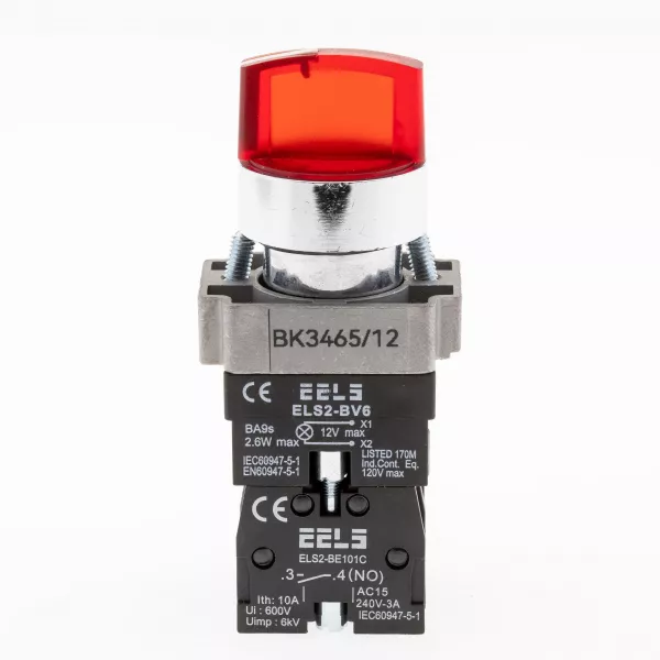 Selector 3 pozitii cu retinere maner iluminat led culoarea rosie 12V DC  ELS2-BK3465 1xNO+1xNC, 3A/240V AC