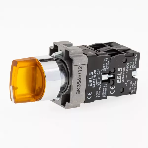 Selector 3 pozitii cu retinere maner iluminat led culoarea galbena 12V DC  ELS2-BK3565 1xNO+1xNC, 3A/240V AC