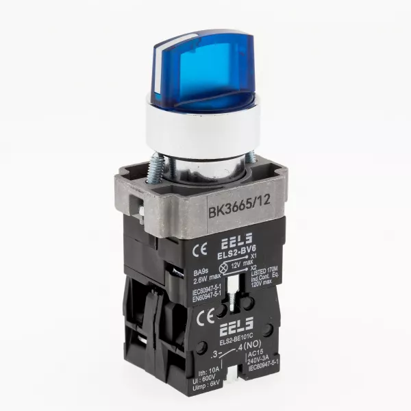 Selector 3 pozitii cu retinere maner iluminat led culoarea albastra 12V DC  ELS2-BK3665 1xNO+1xNC, 3A/240V AC