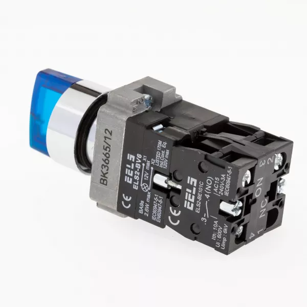 Selector 3 pozitii cu retinere maner iluminat led culoarea albastra 12V DC  ELS2-BK3665 1xNO+1xNC, 3A/240V AC