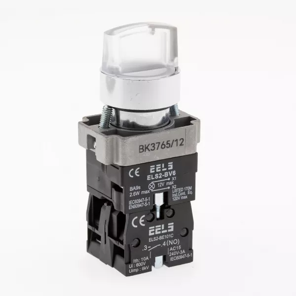 Selector 3 pozitii cu retinere maner iluminat led culoarea alba 12V DC  ELS2-BK3765 1xNO+1xNC, 3A/240V AC