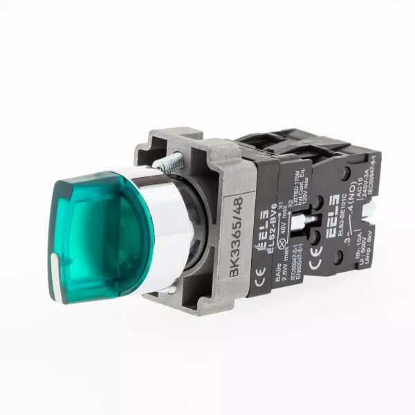 Selector 3 pozitii cu retinere maner iluminat led culoarea verde 48V DC  ELS2-BK3365 1xNO+1xNC, 3A/240V AC
