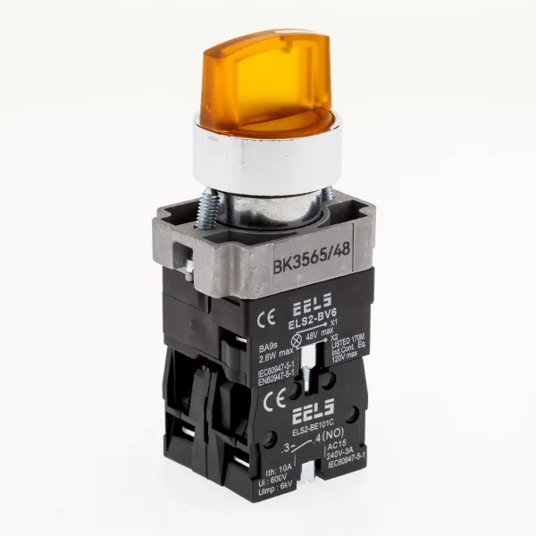 Selector 3 pozitii cu retinere maner iluminat led culoarea galbena 48V DC  ELS2-BK3565 1xNO+1xNC, 3A/240V AC