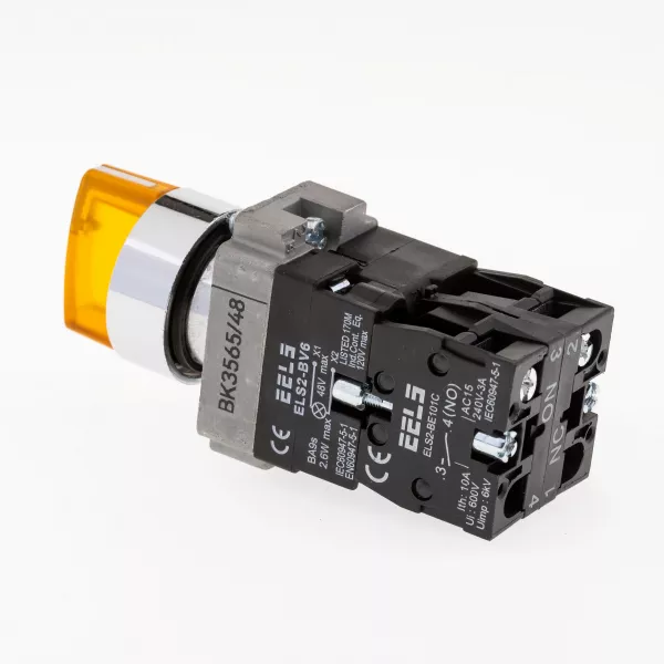 Selector 3 pozitii cu retinere maner iluminat led culoarea galbena 48V DC  ELS2-BK3565 1xNO+1xNC, 3A/240V AC